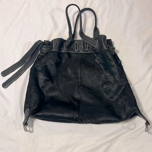 Aqua Madonna Calf Fur purse, black leather purse, large black leather purse